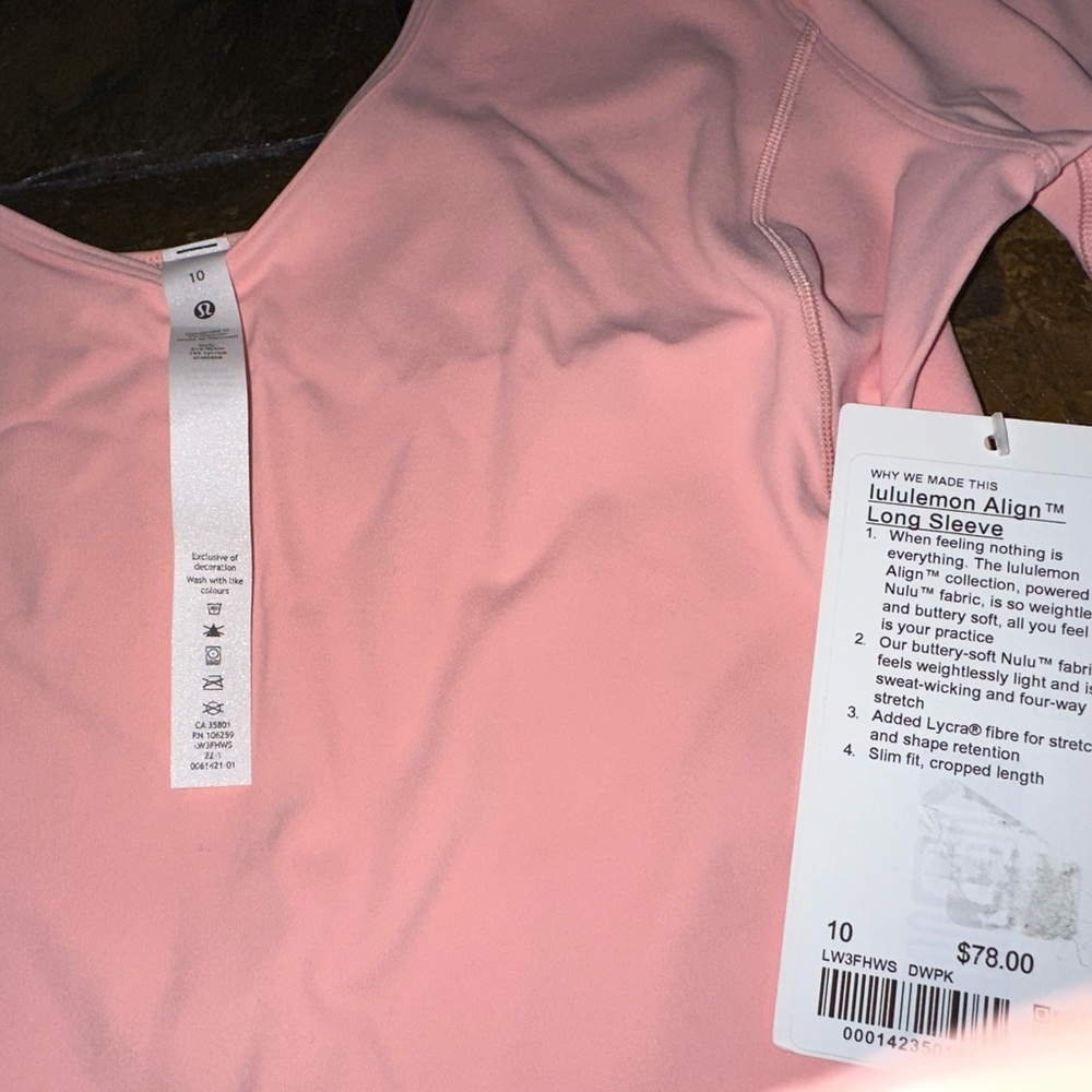 Sz 10 Lululemon Align Long Sleeve cropped Dew Pink Buttery Soft Nulu Material